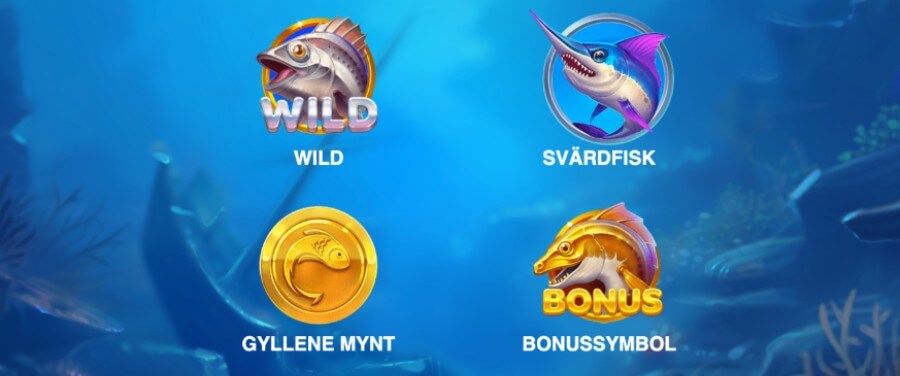 Wildsymbol, mynt, svärdfisksymbol och bonussymbol från Deeper Money Bass.