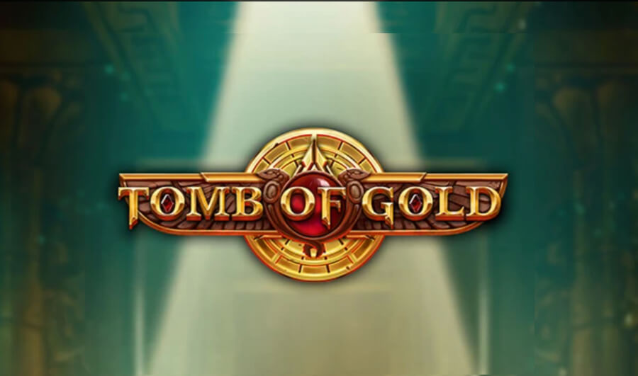 Logo för Play n'GOs Tomb of Gold. I guld och rött med grön bakgrund. 