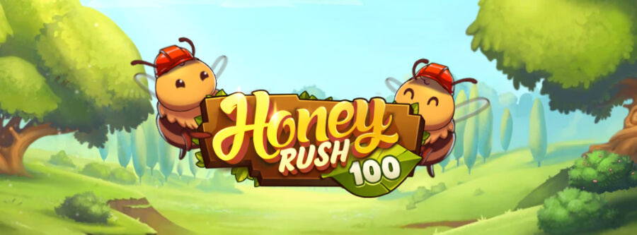 Grafik från Honey Rush 100 i from av två glada arbetsbin med röda hjälmar som håller i en skylt med texten Honey Rush 100.