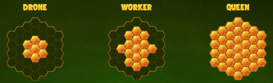 Kolonier från Honey Rush 100 representerade av olika stora honungskakor: Drone, Worker, Queen.