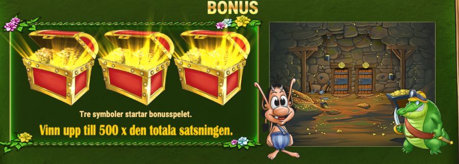 Tre öppna bonuskistor och en stillbild från bonusspelet i Hugo.